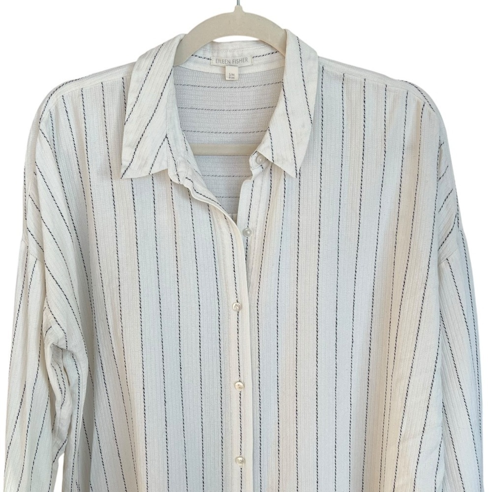 Eileen Fisher Striped Gauze Relaxed Tunic Shirt Ecru Black S/M Casual Lagenlook - Picture 3 of 6